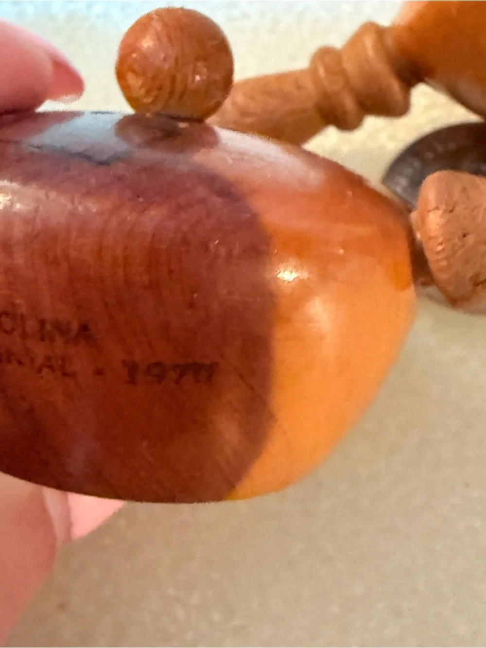 Vintage 1970 SC Tricentennial Carved Wooden Salt & Pepper Set in Warm Brown